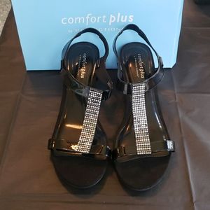 NIB, Black Wedge Sandals with Rhinestones Accent.